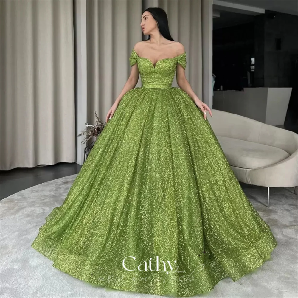 

Cathy Glitter Ball Gown Prom Dresses 2023 Elegant Green Robe De Soirée Shiny Off Shoulder Evening Dress Sweetheart فستان سهرة