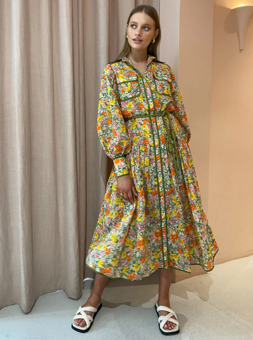 

Women Floral Print Turn-down Collar Bright Line Decoration Pleated Silk Cotton Long Dress