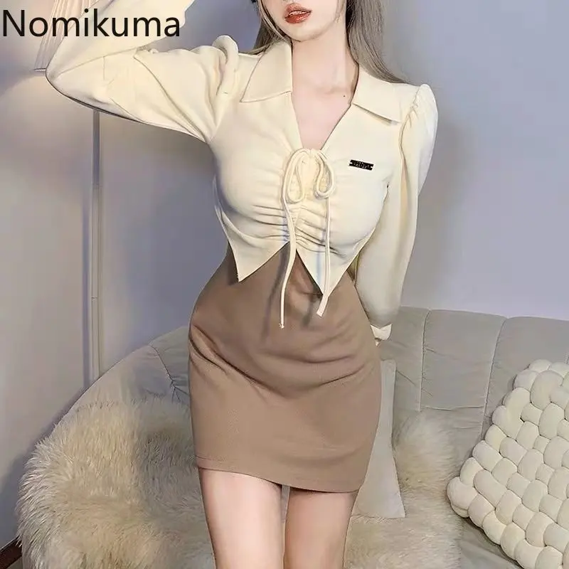 

Nomikuma Vestidos Para Mujer весна осень пышные рукава контрастных цветов кулиска платье для женщин Harajuku ретро Vestidos Cortos