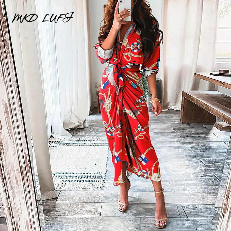 

MKD LUFI Chic All Over Print Long Sleeve Button Front Self Tie Shirt Dress Women Casual Maxi Dress