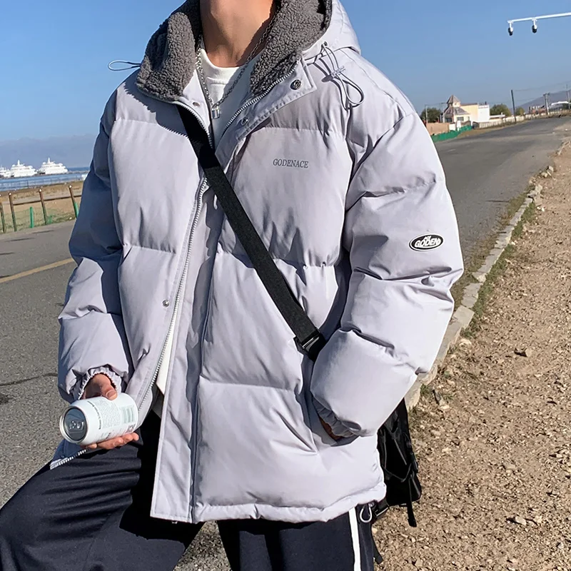 Streetwear Winter Men's Parkas Woolen Padded Coat Korean Loose Hooded Warm Thicken Male Casual Outwear