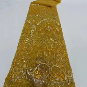 Gold Handmade Beaded Lace Fabric Embroidery French Net Lace Wedding Dress Luxury Sequins Tulle Fabric Women Asoebi Material