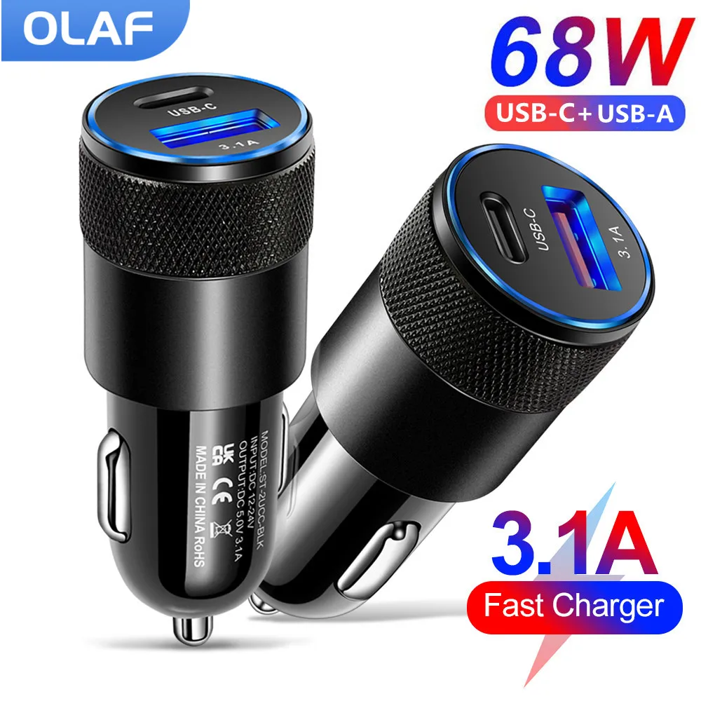 68W PD Car Charger USB Type C Fast Charging Car Phone Adapter for iPhone 13 12 Xiaomi Huawei Samsung S21 S22 Quick Charge 3.0