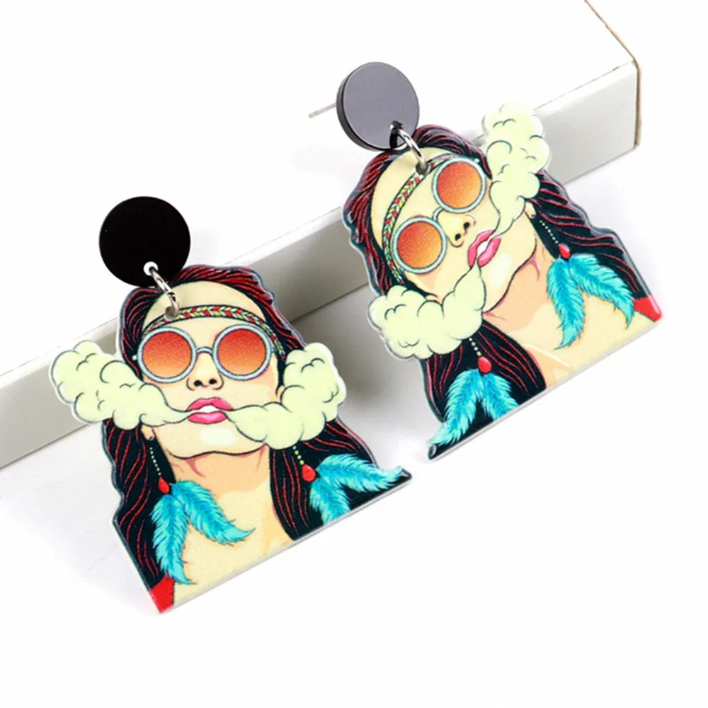 

2023 Cartoon Wear Glasses Smoking Girl Acrylic Earrings Modern Feather Lady Figure Pendant Drop Earring Statement Jewelry Gifts