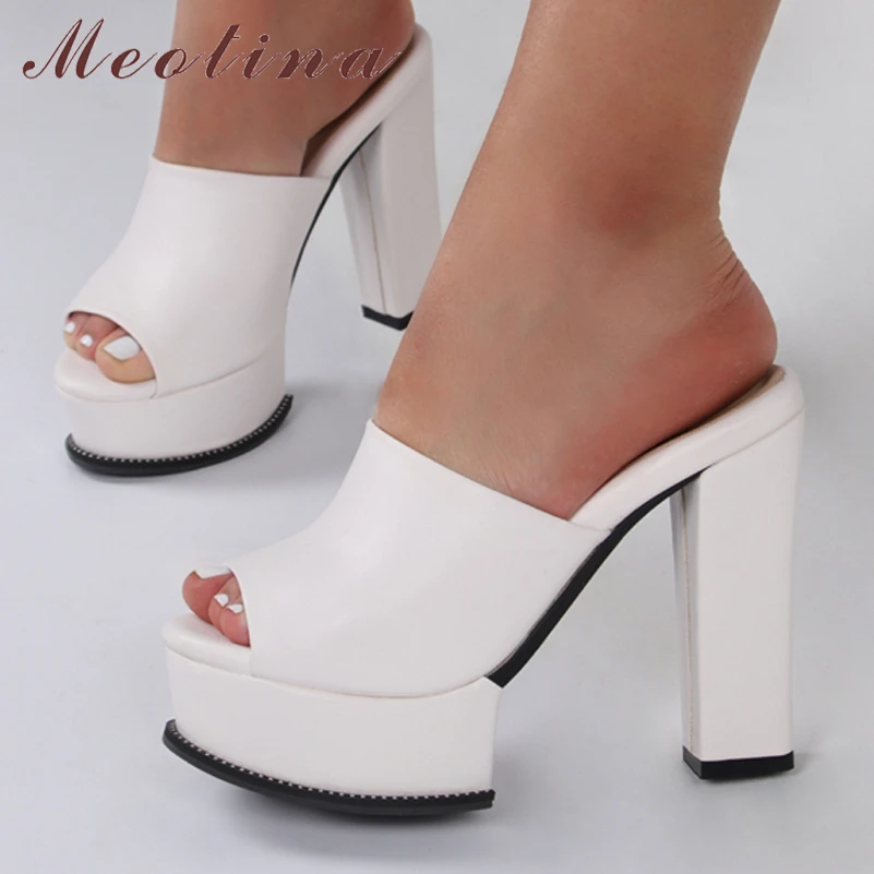 

Meotina Women PU Leather Shoes Peep Toe Thick Heel Platform Sandals Super High Heels Ladies Footwear 2022 Summer White Black 43