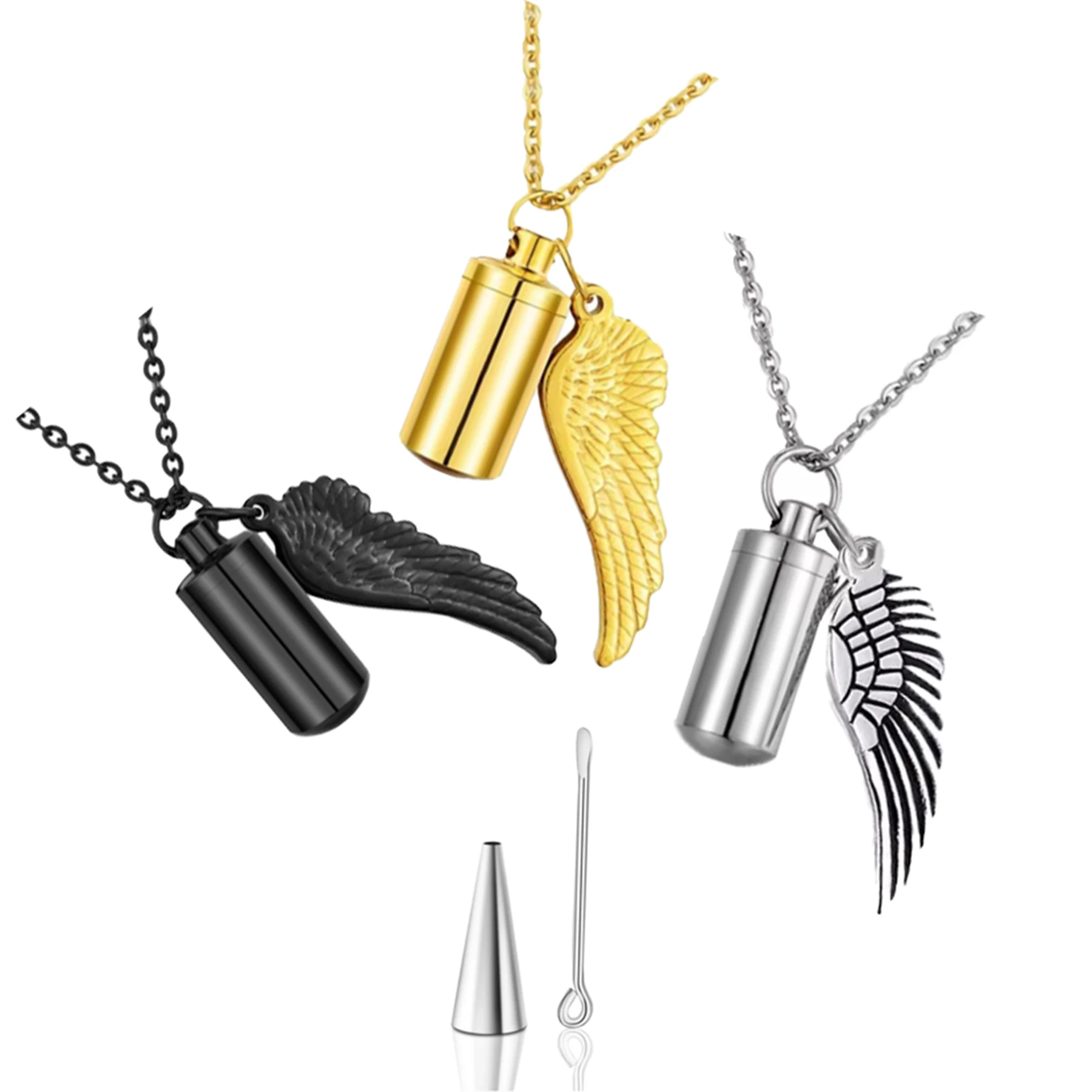 Цилиндрическая урна из нержавеющей стали с пеплом кулон крыльями ангела