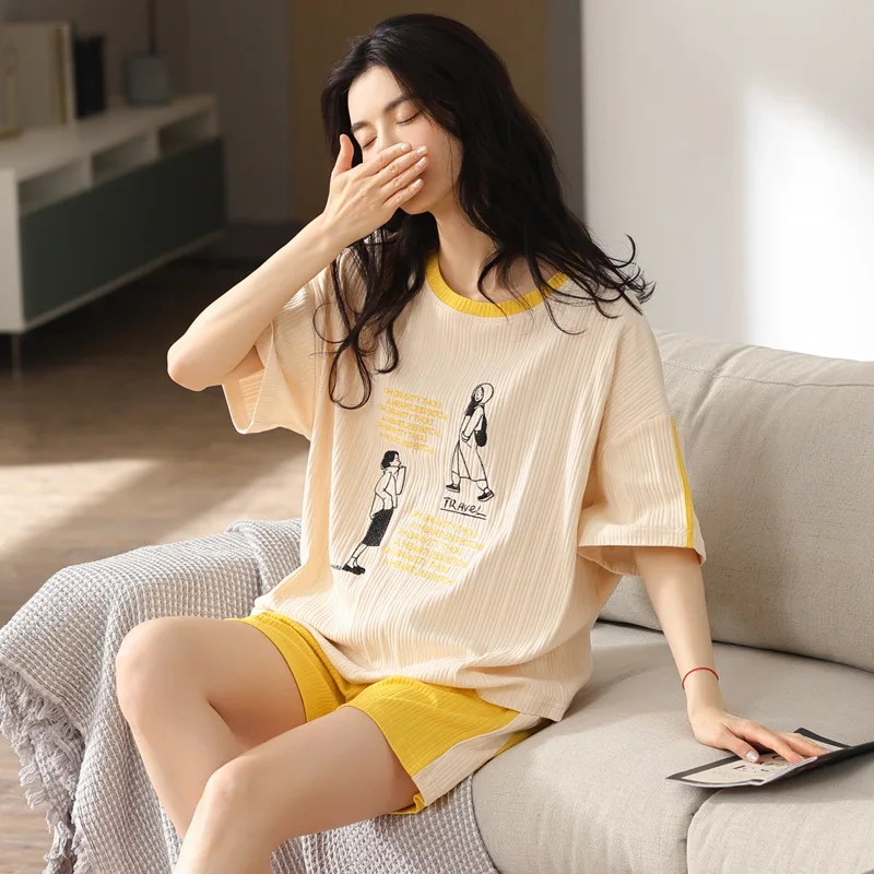 New Sleepwear Cartoon Cotton Pajamas for Women Short Pants Short Sleeved Summer Pajamas Set Fashion Home Clothing Homewear