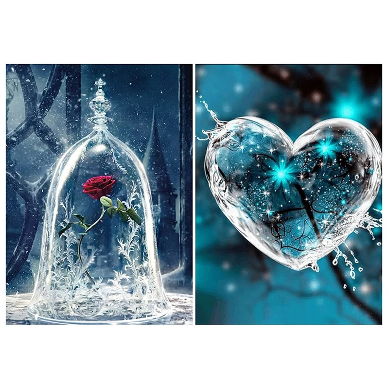 

2 Pack Diamond Painting Diamond Embroidery Round Resin Diamond Cross Stitch Home Decor 30X40cm Freeze Rose And Heart