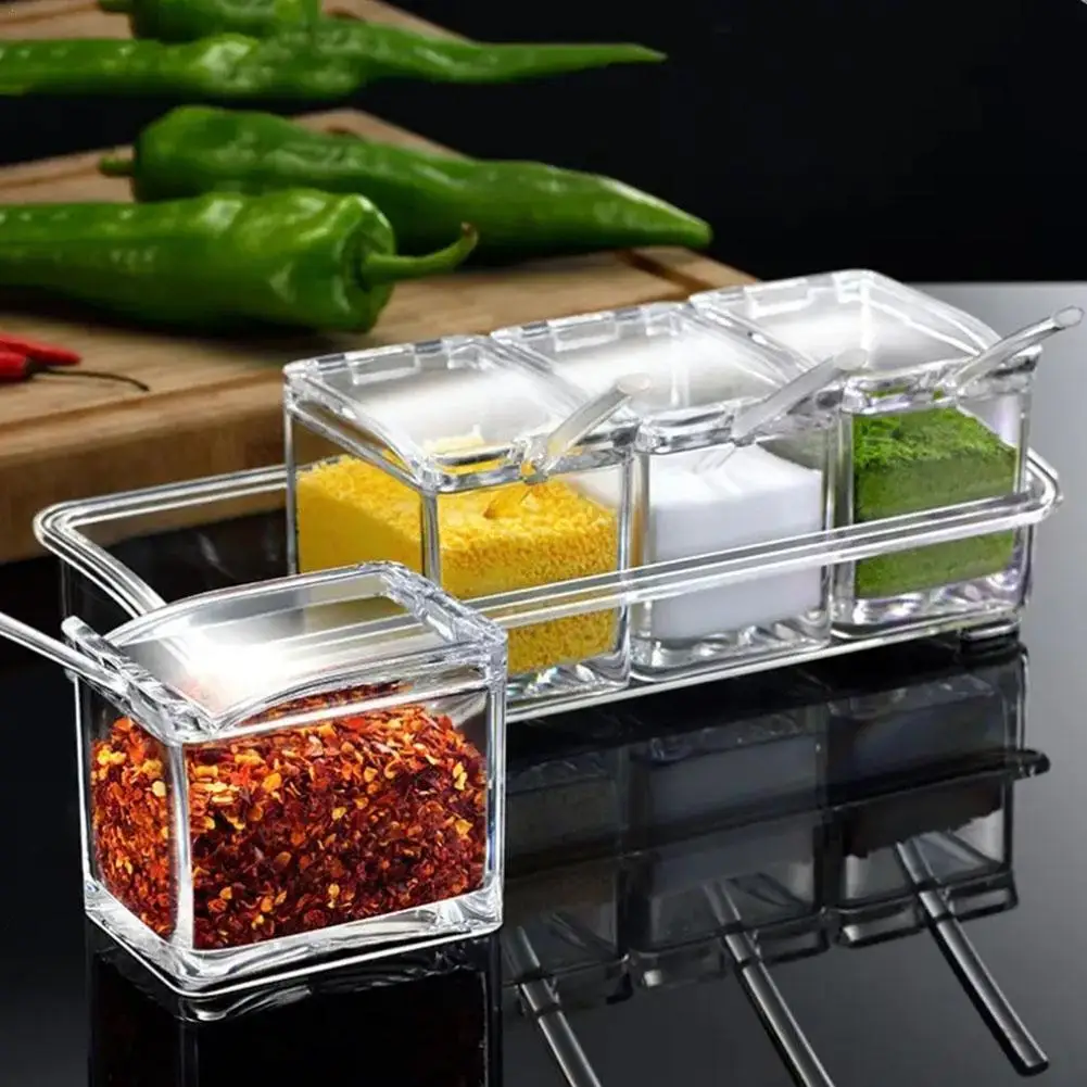 

Transparent Seasoning Bottle 4 Grid Seasoning Box With Herb Kitchen Accessories Spoon Salt Sugar Spice Storage Container W9O5