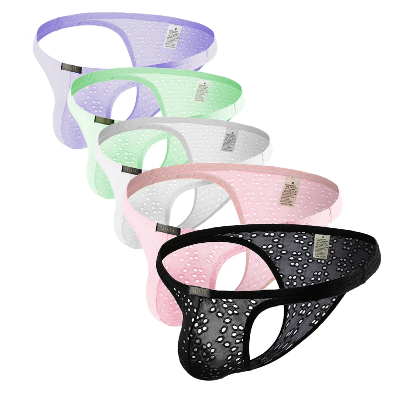 5PCS Men Briefs Small Triangle Panties Sexy Men's Underwear Smooth Breathable Hole Jacquard Low-rise Men T- Back Tanga Bikini