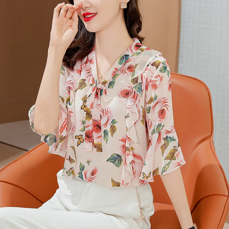 2022 Good Quality Double-layer Chiffon Ruffle Short Sleeved Top Floral Short Sleeved Chiffon Summer Shirt Chiffon T-shirt Women