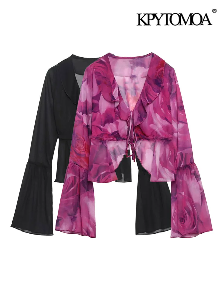 

KPYTOMOA Women Fashion With Ties See Through Ruffled Crop Blouses Vintage V Neck Long Flare Sleeves Female Shirts Chic Tops