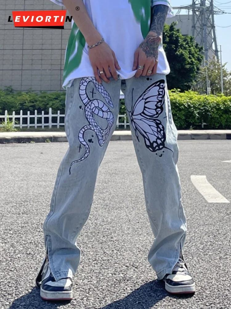 

Джинсы мужские прямые с вышивкой «Бабочка и змея», уличные штаны из денима свободного покроя в стиле ретро, на молнии, с карманами, в стиле хип-хоп