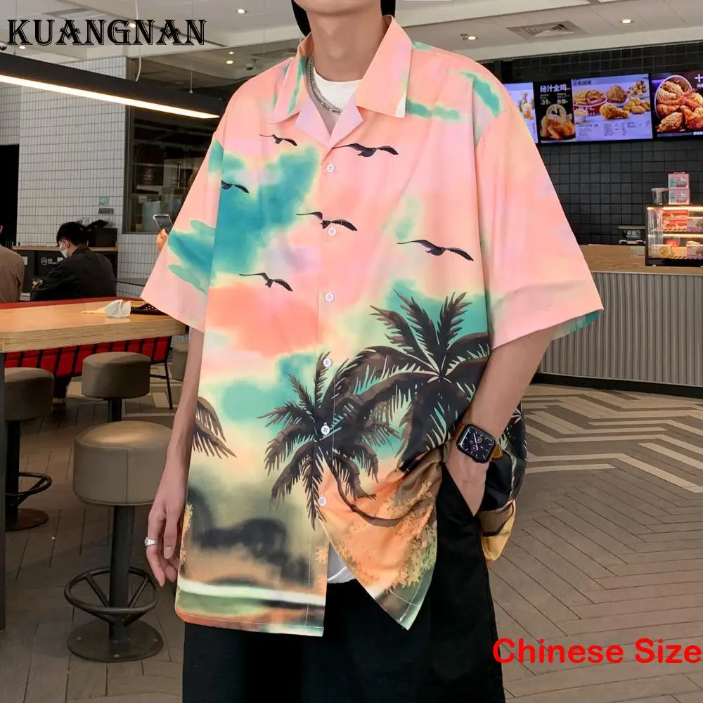 

KUANGNAN Printed Hawaiian Shirt Men's Social Blouse Sale Half Shirts for Man Korean Clothes Luxury Clothing Top 3XL 2023 Summer