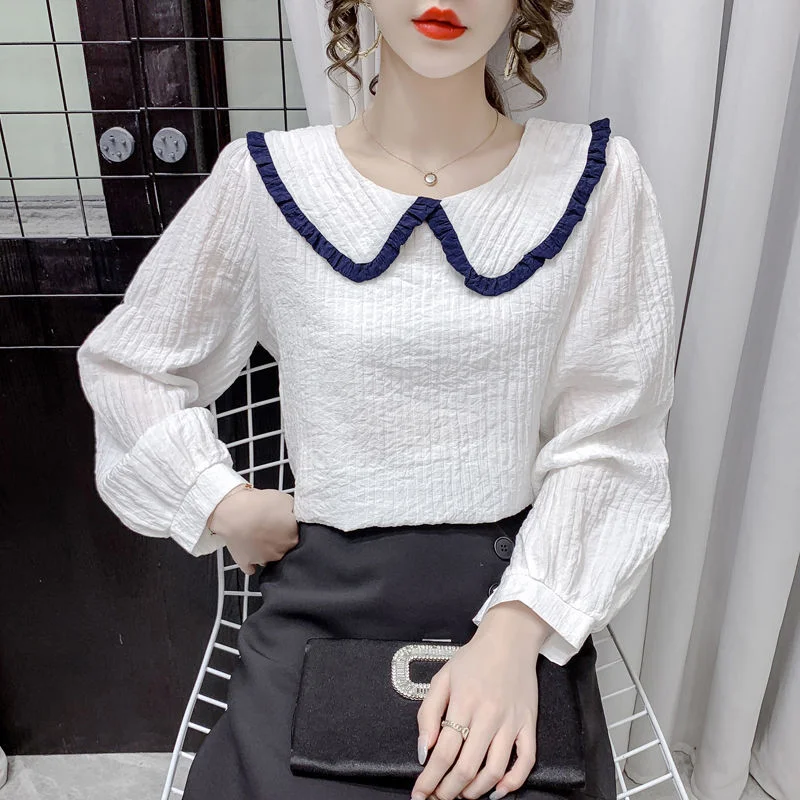 

Wood Ear Edge Panel Doll Neck Long Sleeve Chiffon Shirt Women Autumn Temperament Sweet Versatile Doll Shirt Blouse Female Top