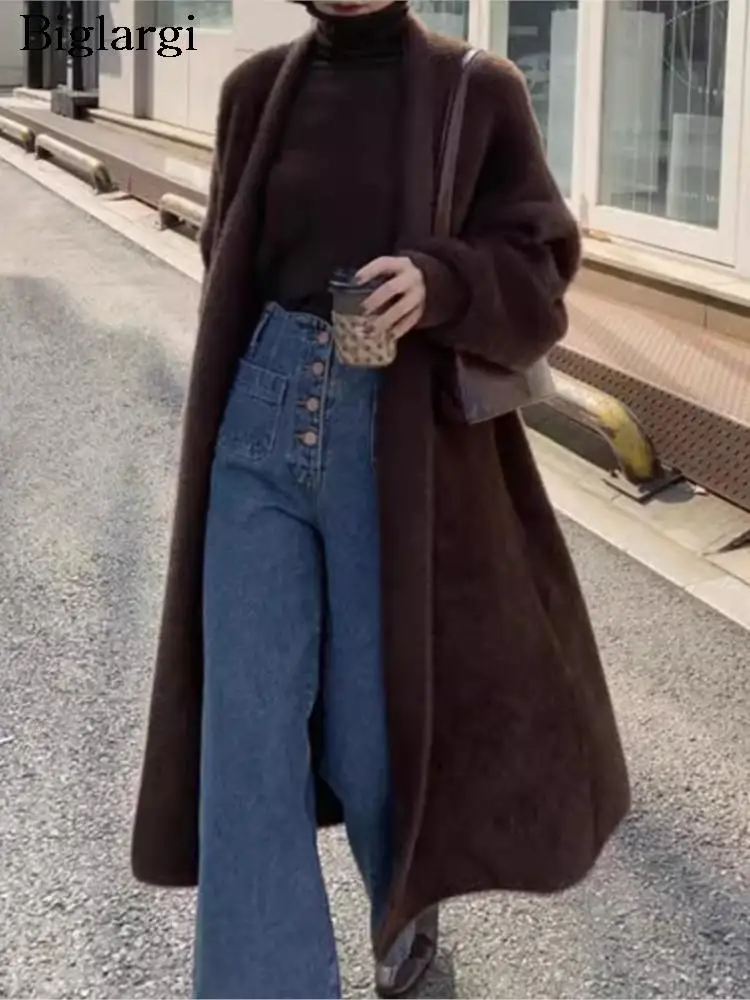 

Вязаный пушистый длинный кардиган на осень и зиму, женская мода, корейский стиль, свободные женские свитера, кардиган, повседневный женский свитер, пальто 2023