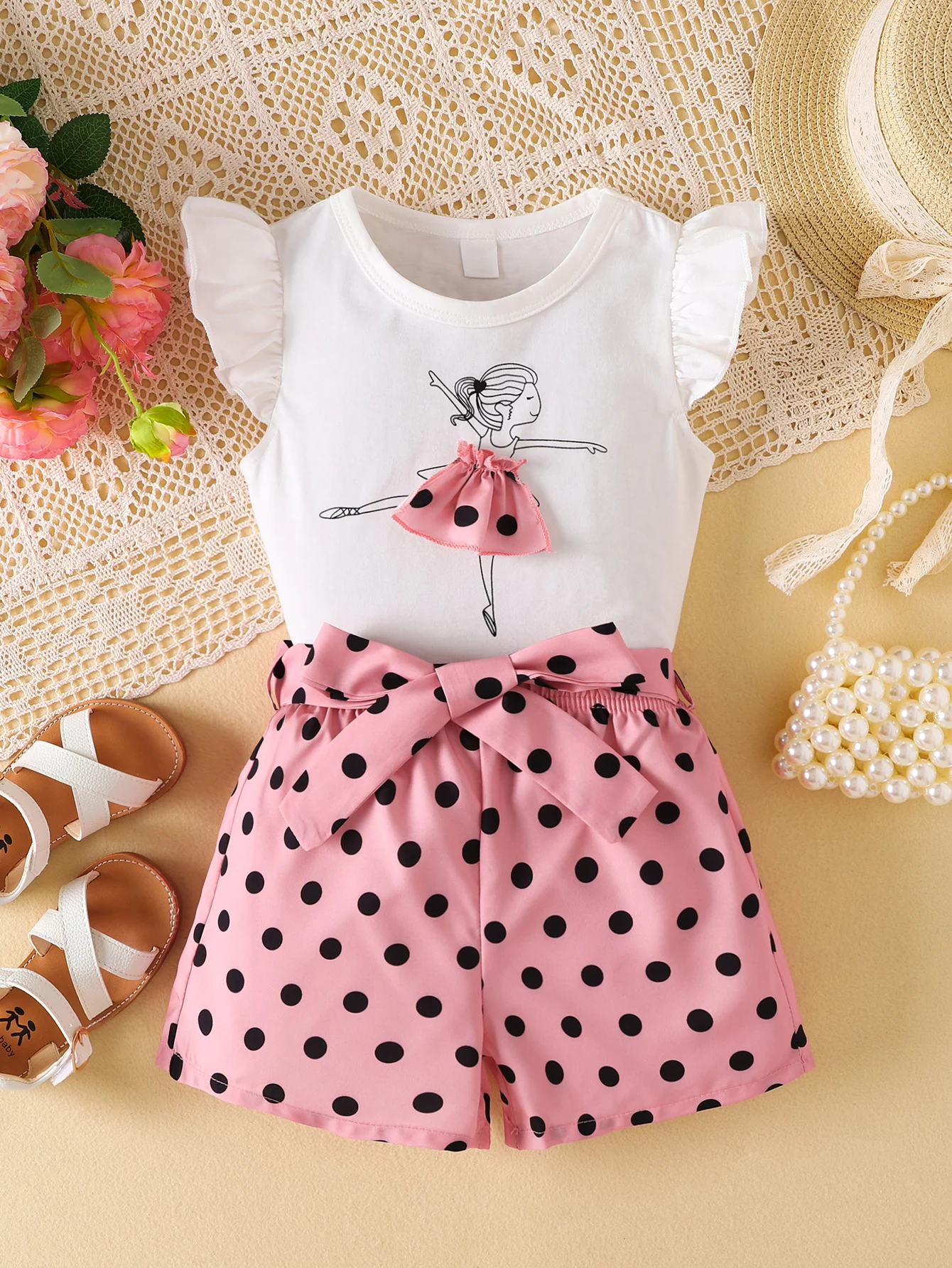 4-7 Year Old Girls' Clothing Round Neck Sleeveless Printed T-shirt Polka Dot Shorts Two-piece Set