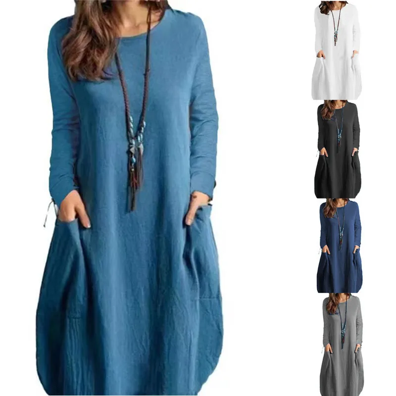 

Autumn European and American cotton and linen loose casual solid color pocket long-sleeved dress women's pastoral style
