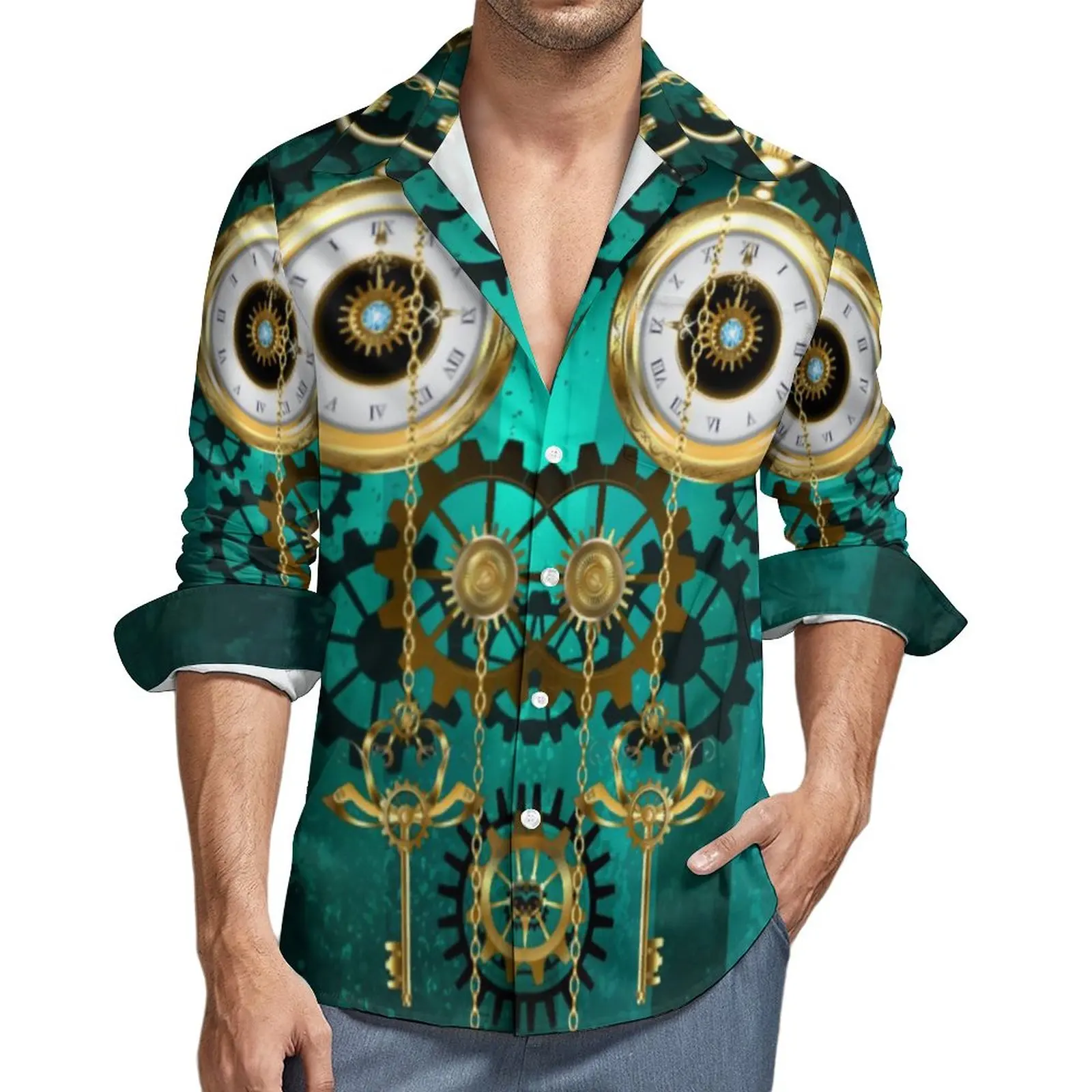 

Steampunk Jewelry Watch Y2K Casual Shirt Man Clockwork Print Shirt Autumn Novelty Blouses Long Sleeve Graphic Oversized Tops