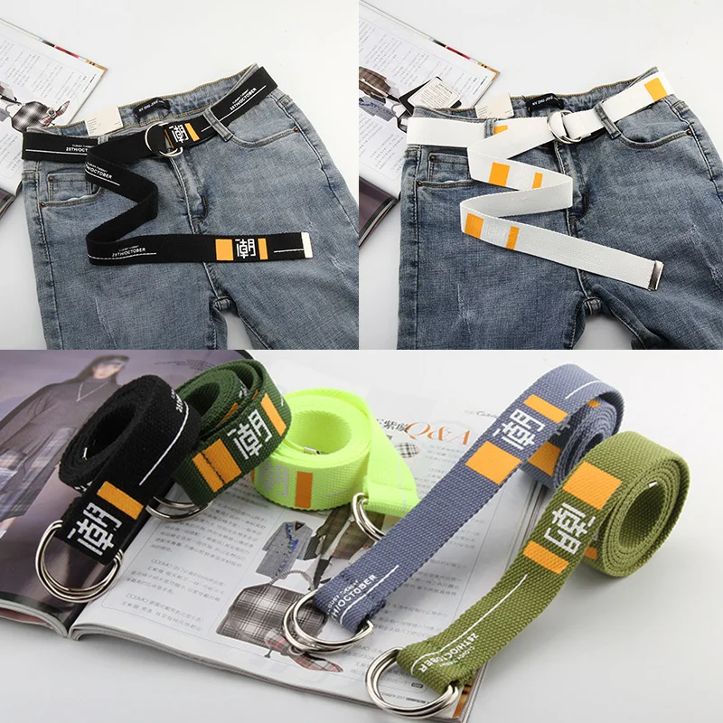 

Wide Canvas Belt Silver Metal Double D Ring Buckle Harajuku Long Waist Strap Casual Waist Belt Long Hip Hop Wild Waist Strap