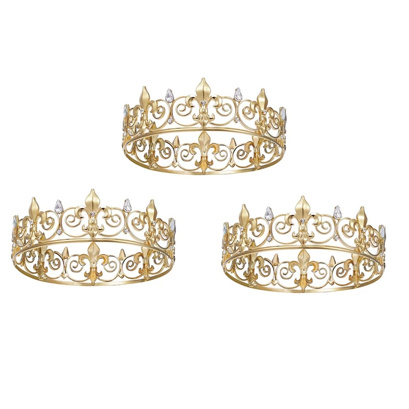 

3X Royal King Crown For Men - Metal Prince Crowns And Tiaras, Full Round Birthday Party Hats,Medieval Accessories (Gold)