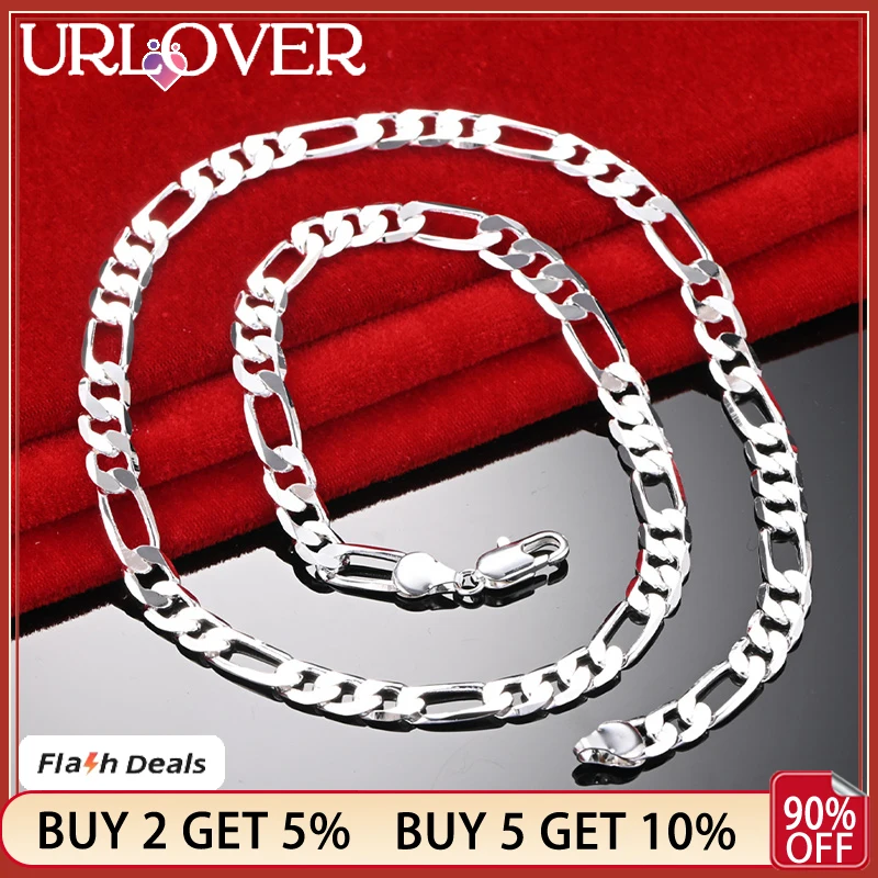 

URLOVER 925 Stamp Silver Color 40-60cm 8mm Figaro Flat Side Chain Necklaces For Men Women Banquet Birthday Party Wedding Jewelry