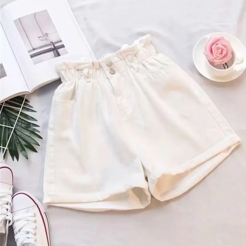 2023 Summer Black Women's Denim Shorts Pocket White Blue Harem Ruffle Elastic High Waisted Short Jeans for Women Plus Size 5XL