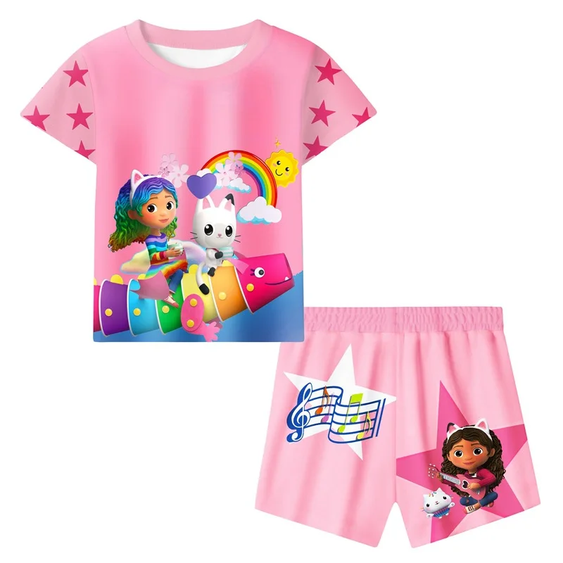 

Girls Gabby Cats Short Sleeve Tshirt Pants 2pcs Clothes Set Girls Gabby's Doll House Kawaii Suit Children Funny Summer Clothing
