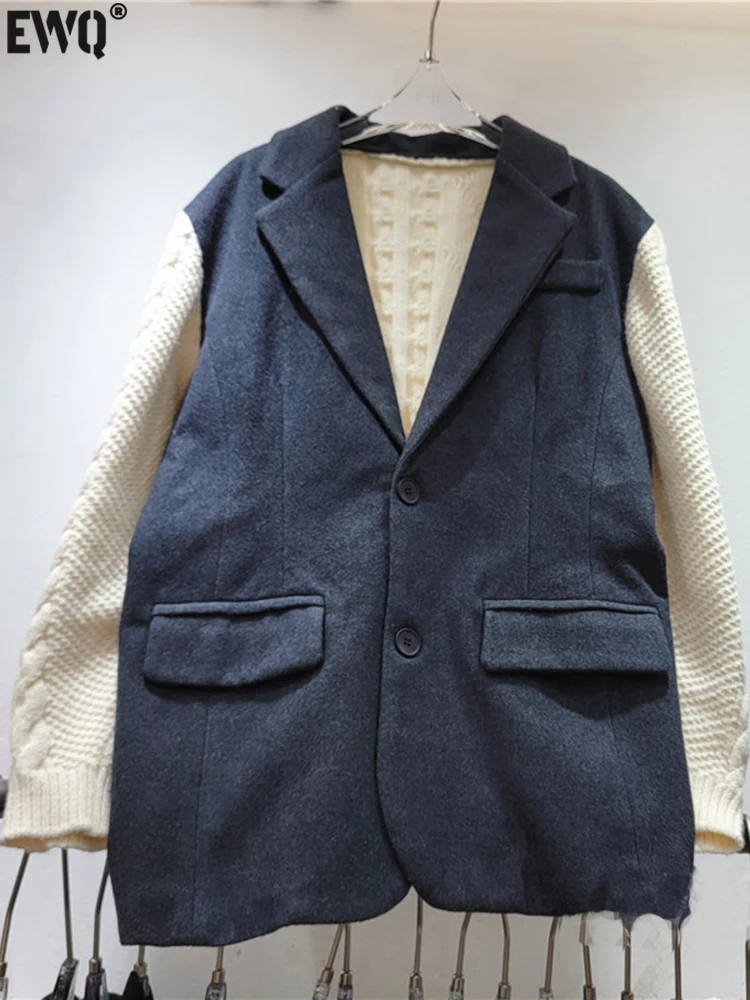 

Женский блейзер с двумя карманами [EWQ], черный блейзер с длинным рукавом, вязаный свитер, комбинированный пиджак, новинка осень-зима 2023, 6U4389