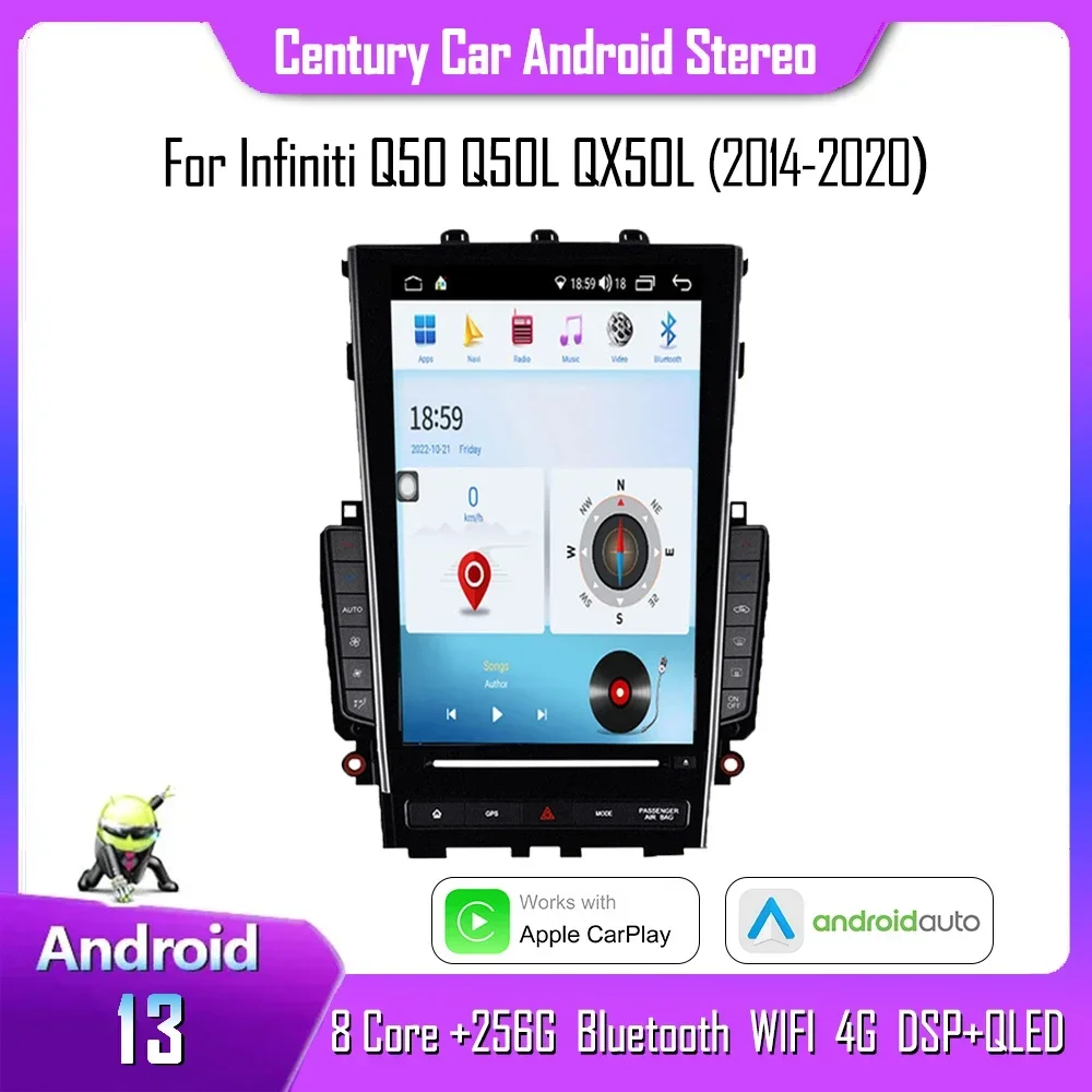 

Century For Infiniti Q50 Q50L QX50L 2014-2020 CarPlay Android 13 Tesla Style Smart Multimedia Video Player GPS Radio Navigation
