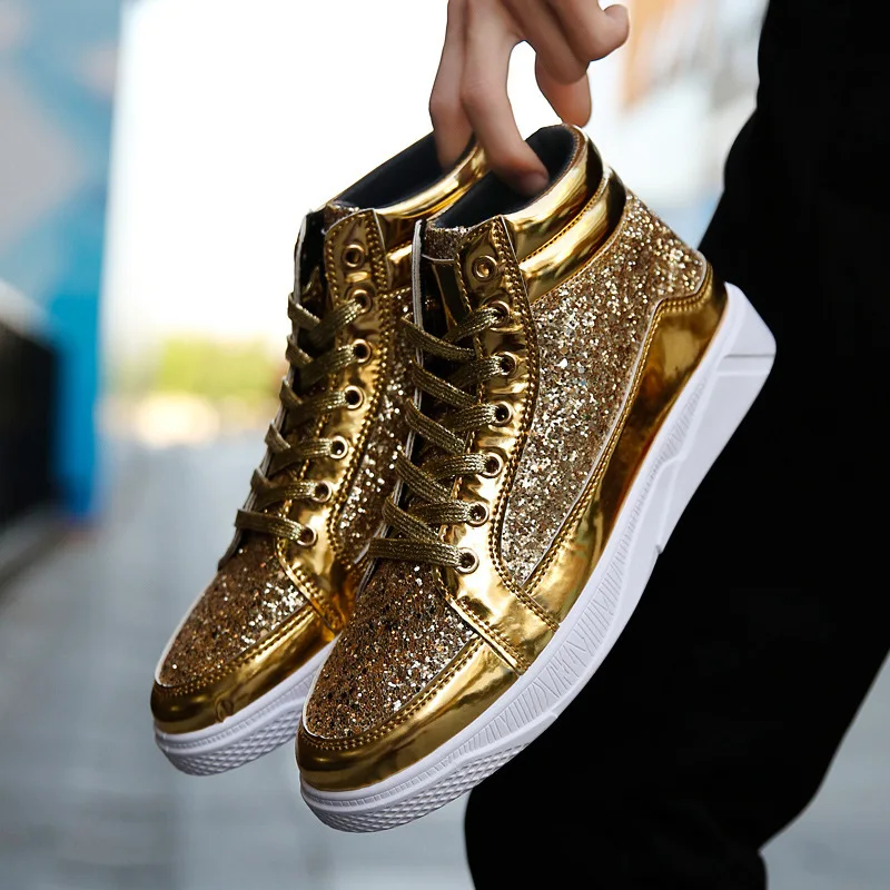 2023 Fashion Men High Top Sneakers Male Ankle Boots Gold Luxury Glitter Shoes Streetwear Hip Hop Casual Boots Chaussures Homme