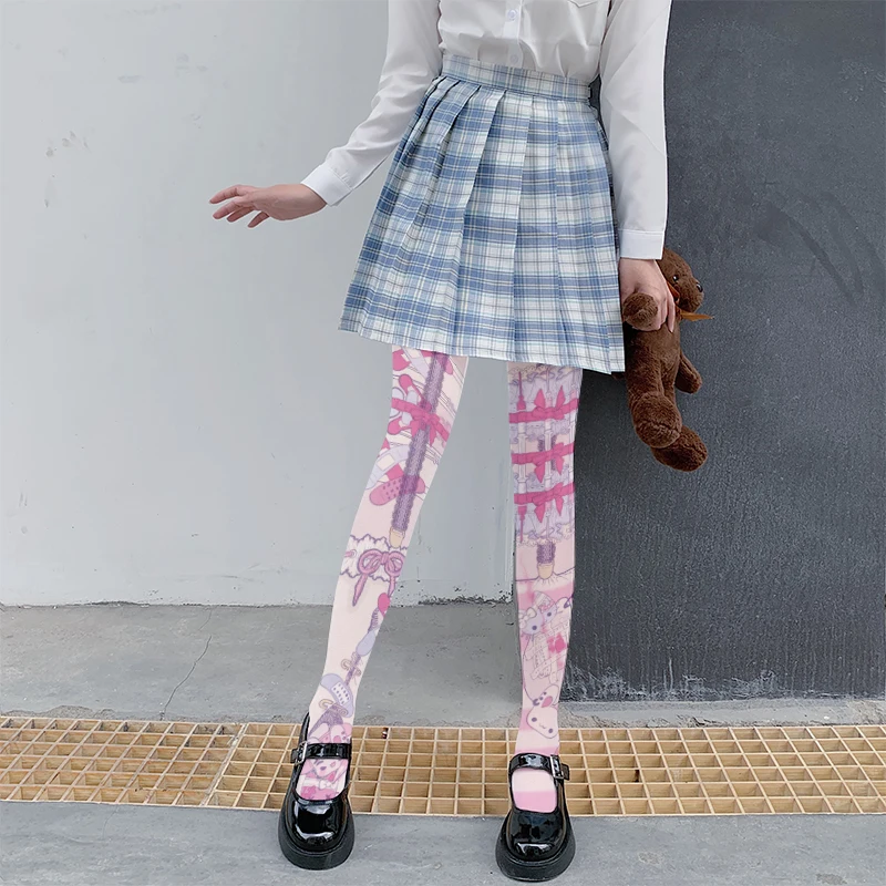 Women Printed Pantyhose Striped Cartoon Pattern Irregular Design High Quality Elastic Leggings Fashion Pink Sexy Stockings