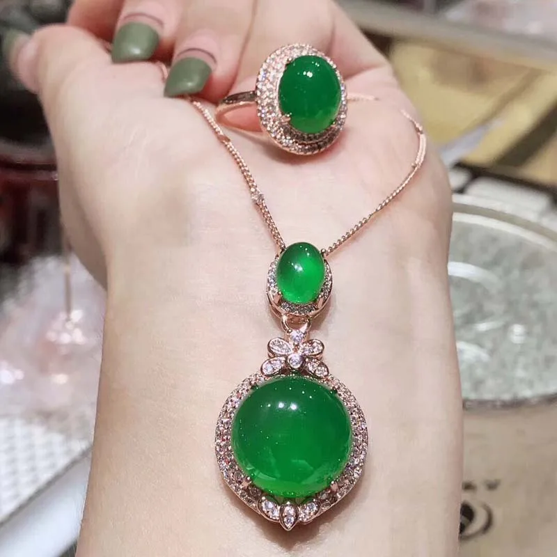 

925 Silver Inlaid Natural Ice Chalcedony Necklace Ring Set Men And Women Lucky Agate Jade Boutique Pendant Jewelry Gift