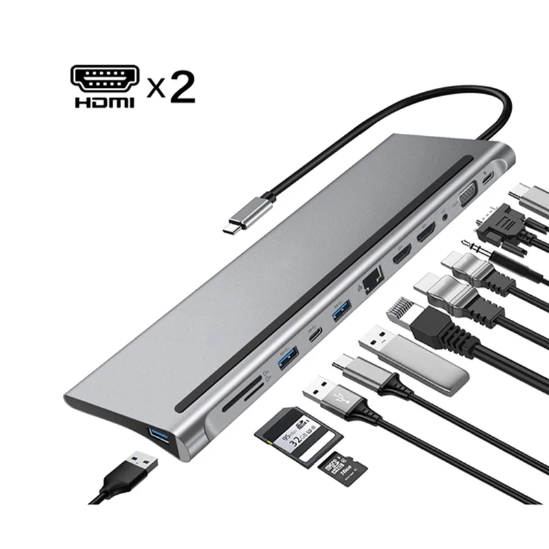 

12 in 1 USB C Hub Adapter Triple Display with 2 HDMI 4K,87W PD, 3 USB Ports, TF/SD for Dell/HP/Lenovo/MacBook Pro Laptop