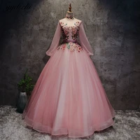 pink high neck ball gown tulle appliques long sleeves floor length evening dresses beading princess quinceanera party prom gowns