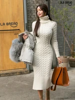 womens new knitted turtleneck long sleeve slim and slim mid length over the knee dress in autumn and winter white dress sweater