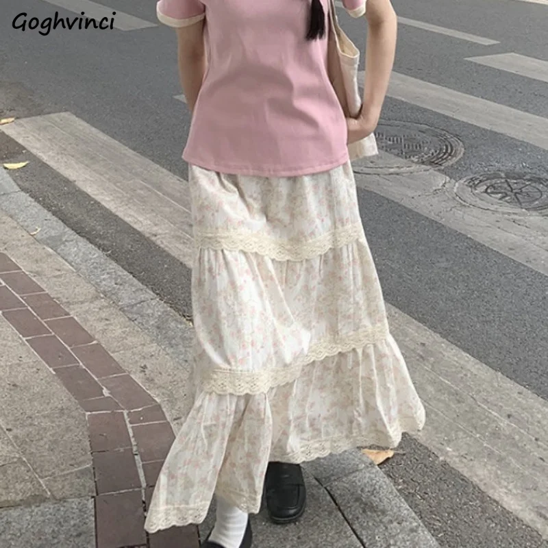 

Long Skirts Women Ruffles Prairie Chic Loose Floral Vintage Sweet Gentle Delicate Leisure Aesthetic Vacation French Style Faldas