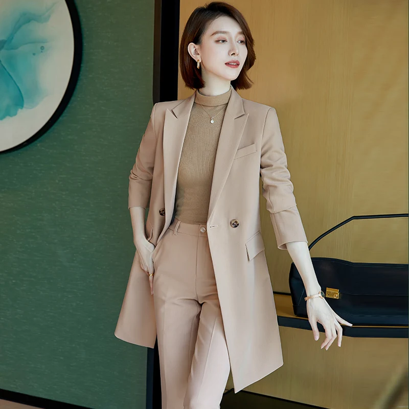 Khaki High Quality Autumn Winter Formal Ladies Lengthen Blazer Women Business Suits Work Wear Office Uniform  Pants Jacket Sets