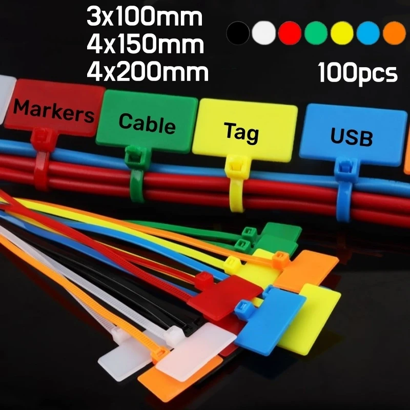 

100 шт. нейлоновых кабельных стяжек разных цветов 3x100, 4x150/200 мм