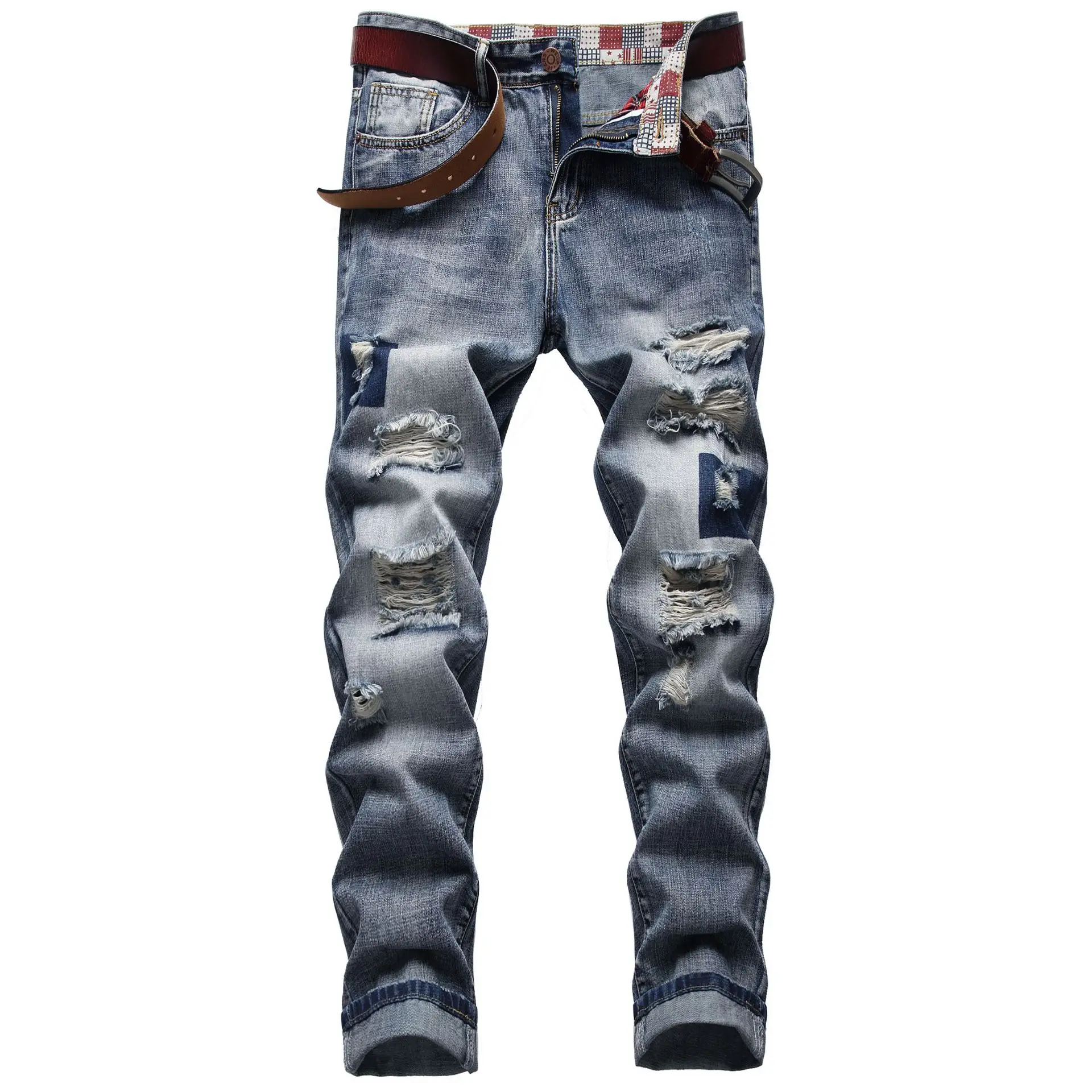 New Mens Jeans Personalized Fashion Holes Retro Slim High Street Jeans Spring Autumn Full Length Denim Ripped Jeans Without Belt