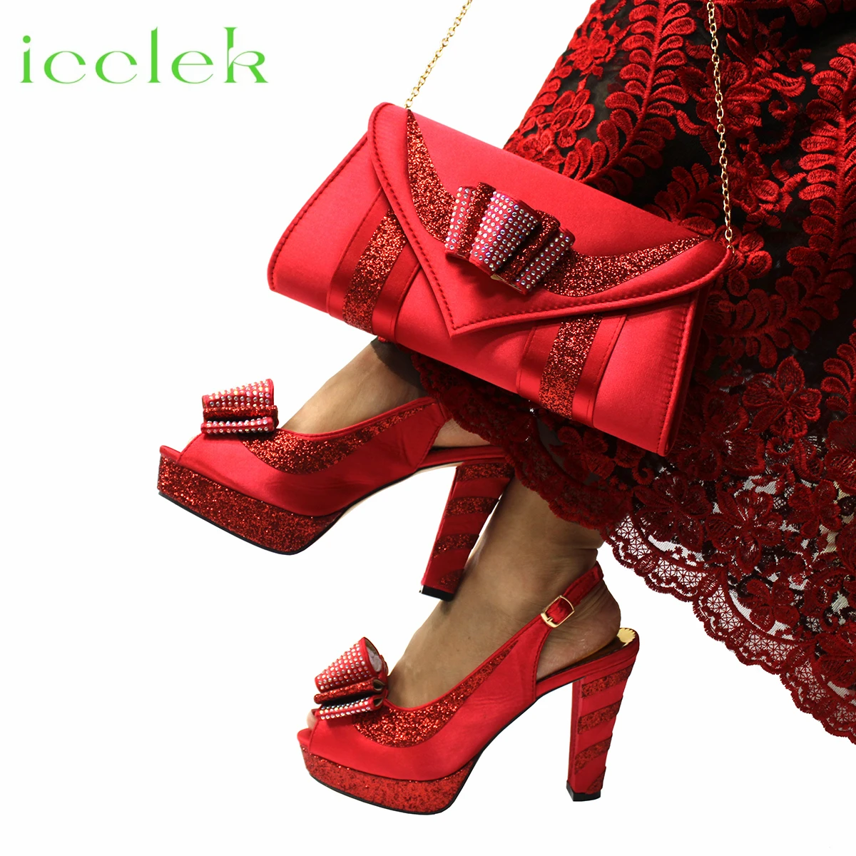 

Red Color Fashionable Italian Women Shoes Matching Bag with Applique Mature African Ladies Super High Heels Sandals for Party