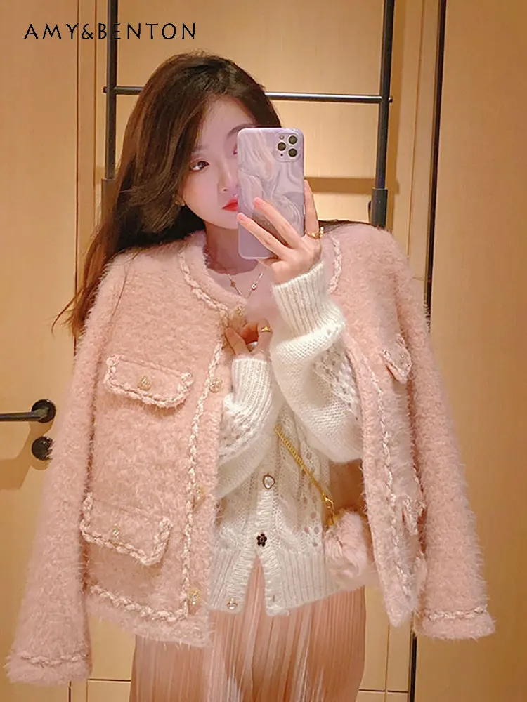 Pink Thickened Fleece-Lined High-Grade Short Tweed Coats for Women New Autumn and Winter Elegant Round Neck Jacket for Ladies