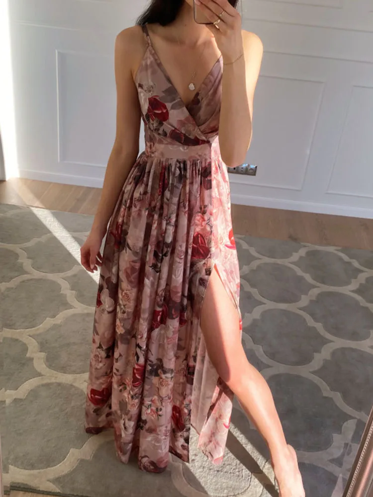 

Vintage Floral Print Bohemian Long Dress Women Spring Deep V Neck High Slit Maxi Dress Summer Sleeveless Office Lady Sling Dress