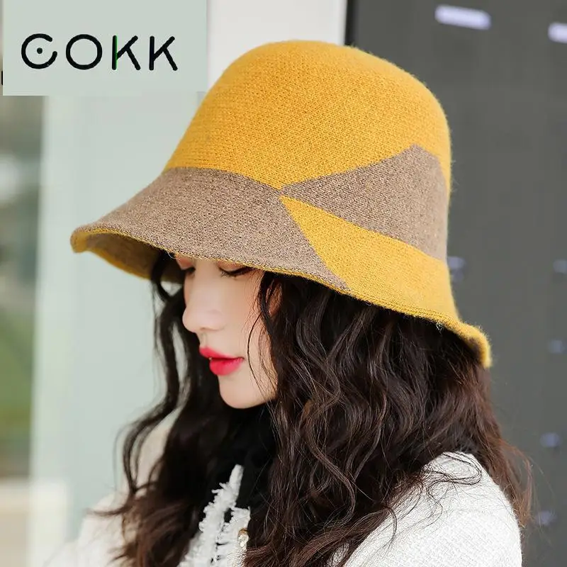 

COKK Bucket Hat Women Winter Wool Knitted Fisherman Cap Double Color Thick Warm Fashion Bob Gorro Chapeu New Vintage Top Hat