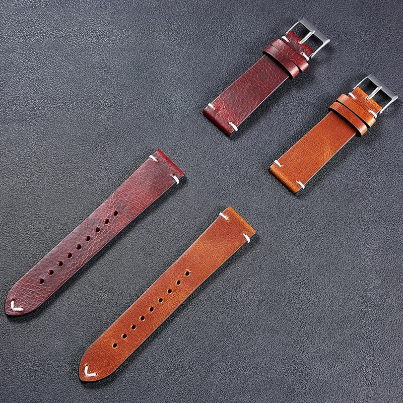 Leather Watch Strap 18Mm 20Mm 22Mm Oil Wax Leather Watchband Italian Retro Quick Release Soft Brown Cowhide Smart Watch Bracelet