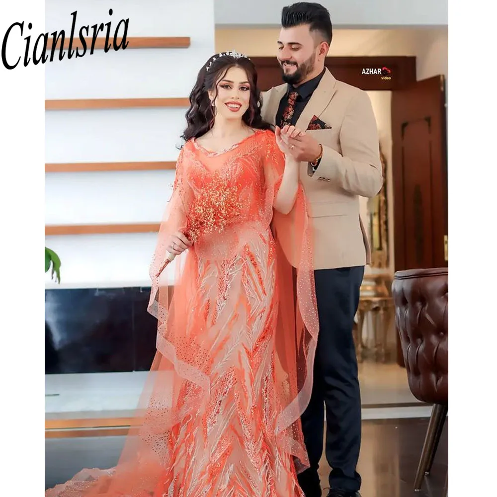 

Arabic Mermaid Elegant Cape Sleeves Sexy Evening Dresses Gowns 2023 Luxury Beaded For Women Party