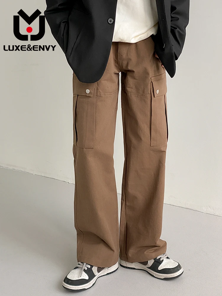 

LUXE&ENVY Overalls Men's Pants Loose Straight High Street Casual Autumn High Waist Wide Leg Solid Color Pocket Male Trousers