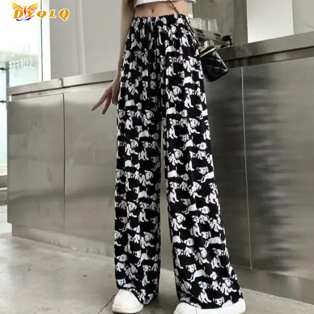 

2022New Women's Trousers Ice Silk Wide-leg Pants Summer Thin Ink Painting Tie-dye Casual Mopping Pants Loose Straight Cool Pants