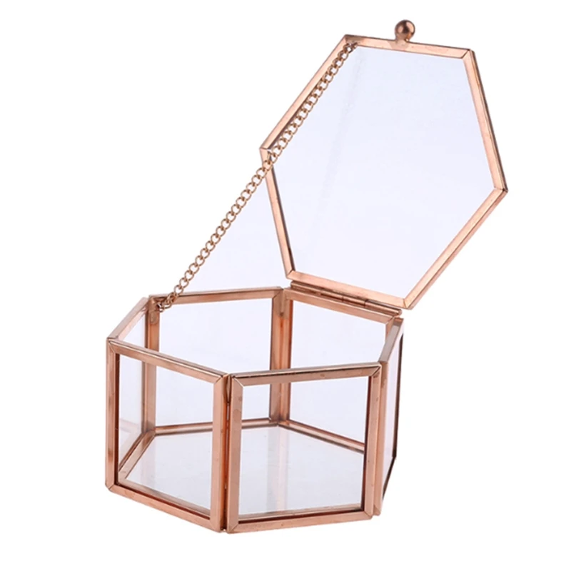 

Шестигранная прозрачная коробка из розового золота для фотографий, коробка для свадебных колец, прозрачная стеклянная шкатулка для украшений с геометрическим рисунком, Настольный Органайзер