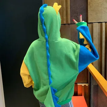 Kawaii Women Dinosaur Hoodie Korean Jap Cartoon Patchwork Hooded Pullover Cotton Sweatshirts Tops 1